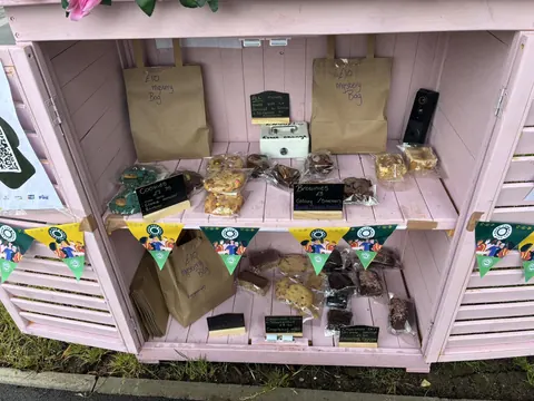 A pink shelf with bags of cookies on it.
