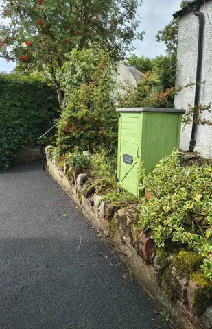 A green shed is sitting in front of a house.