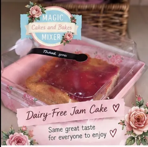 A box of cake with a pink background.