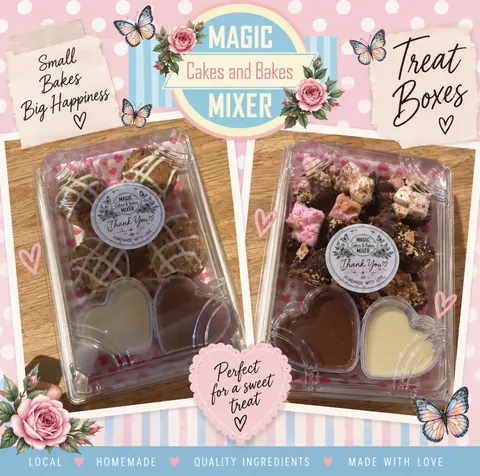 A box of chocolates and a box of cakes.