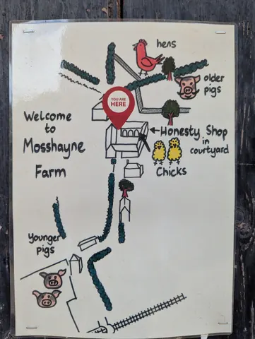 A map of Mosshaven Farm with a pig and a bird on it.