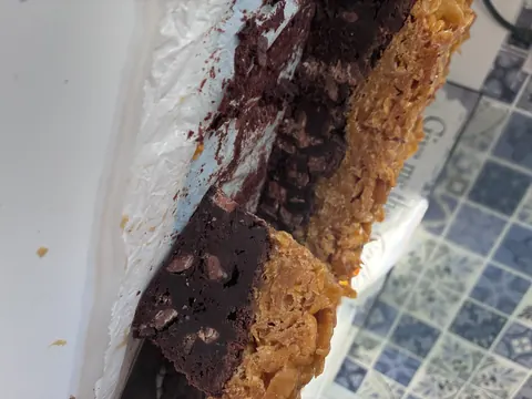 A piece of chocolate cake with chocolate chips.