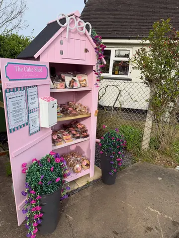 A pink shed with a sign that says "The Cake Shed" and a box of cupcakes.