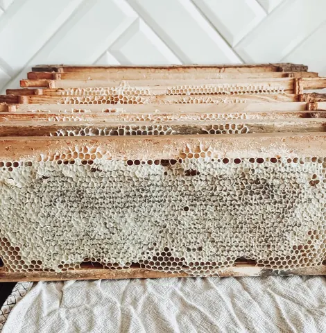 A stack of wooden beehive frames.