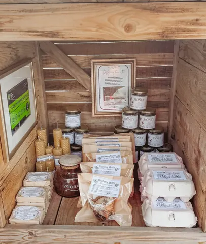 A wooden shelf with a variety of items on it.
