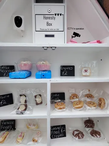 A box of donuts is on a shelf.