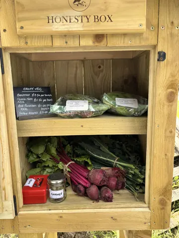 A wooden box with a sign that says "Crooked Veg" on it.