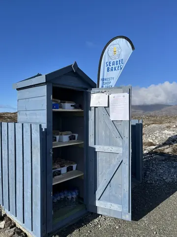 A blue shed with a sign on it.