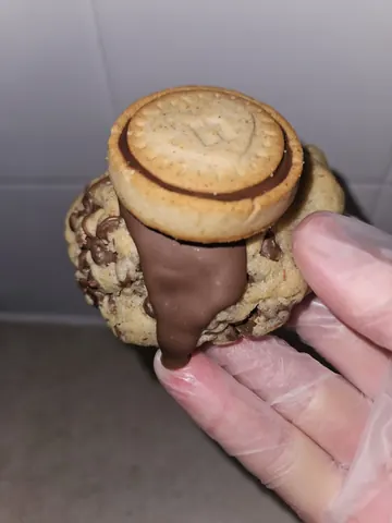 A person is holding a cookie with chocolate drizzled on it.