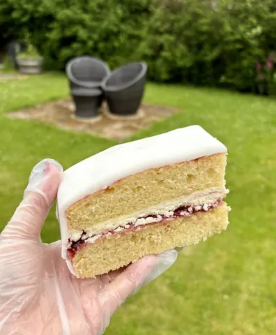A person is holding a piece of cake.