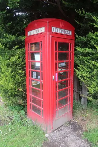 A red telephone booth is standing in front of a bush.