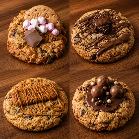 Four different types of cookies with various toppings.