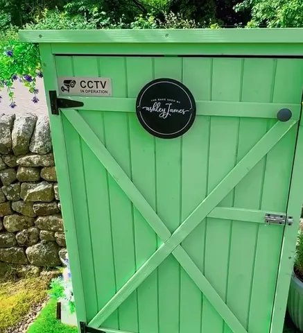 A green door with a black circle on it.