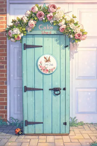 A blue door with a sign that says "Cake Shed" on it.
