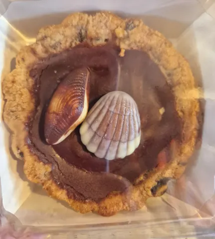 A chocolate dessert with a cookie and a candy shell.