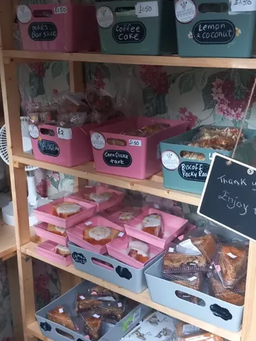 A display of food items in a pink and blue case.