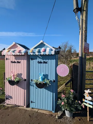 Two colorful sheds with flowers and bunnies on them.