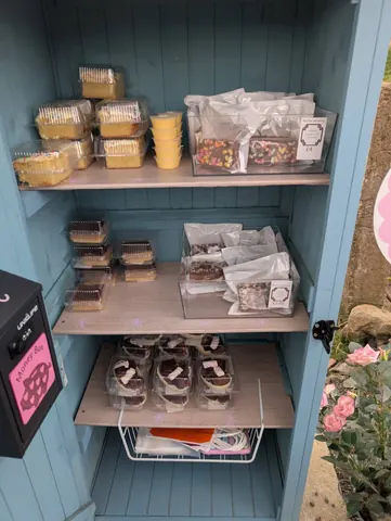 A blue cabinet with a pink flower on the side.