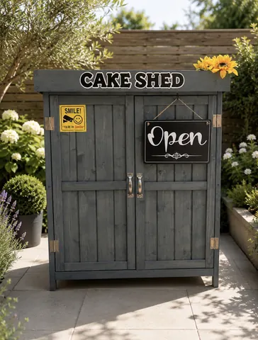 A blue shed with a sign that says open.