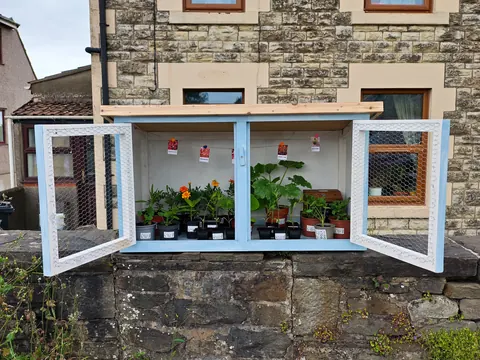 A wooden box with plants in it.