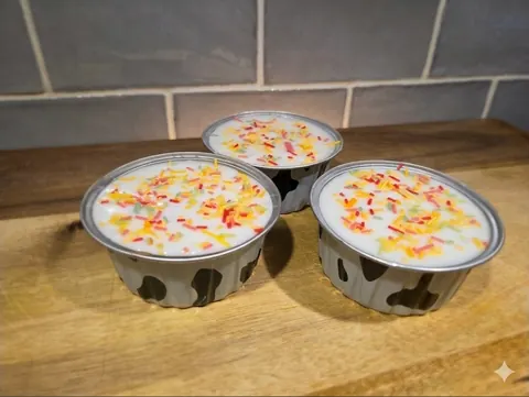 Three cans of food are on a table.