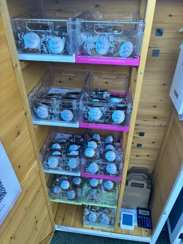 A wooden shelf with a variety of food items on it.