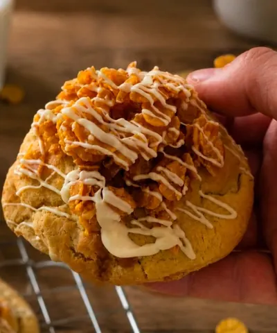 A cookie with white icing and orange sprinkles.