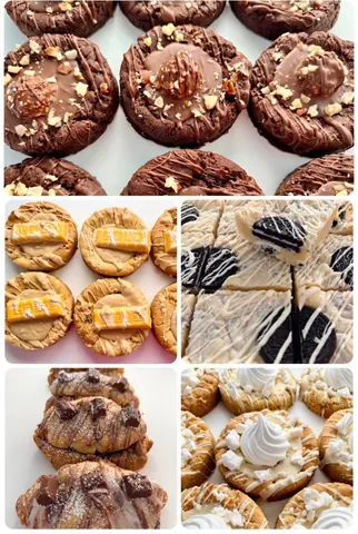 A collage of various desserts, including cookies and cakes.