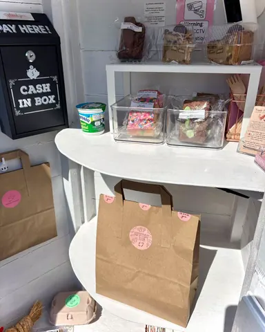 A brown paper bag with a pink tag on it.