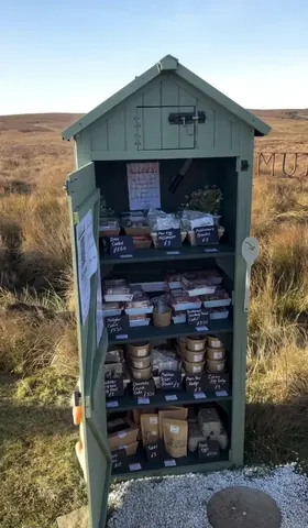 A green shed with a sign that says "mu".