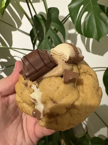 A hand holding a cookie with chocolate and white frosting.
