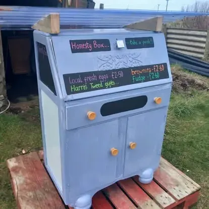 A blue box with a sign on it that says Honesty Box.