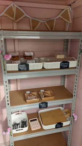A shelf with food items on it.