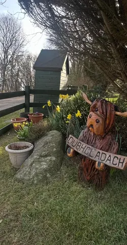 A wooden bear statue with a sign that says Dubh Glas Ladaich.