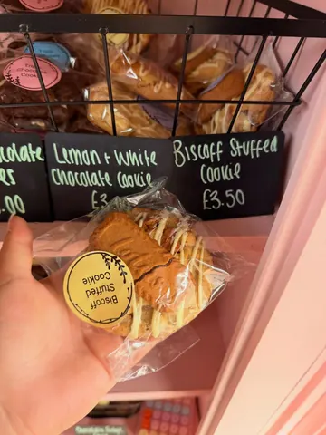 A person is holding a cookie in their hand.