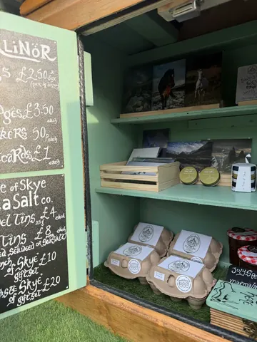 A green shelf with a sign that says "Eggs".
