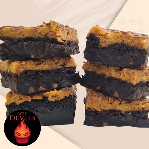 A stack of chocolate and caramel bars.