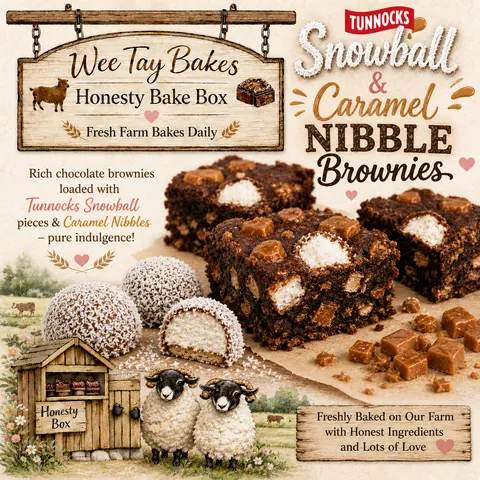 A snowball cake with caramel and nibble brownie pieces.