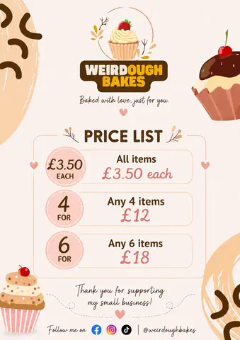 A price list for weird bakery items.