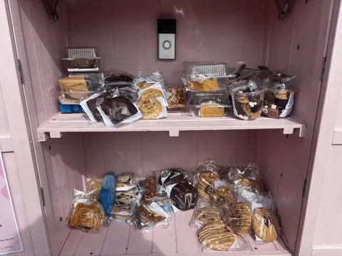 A pink shelf with a white box on it.